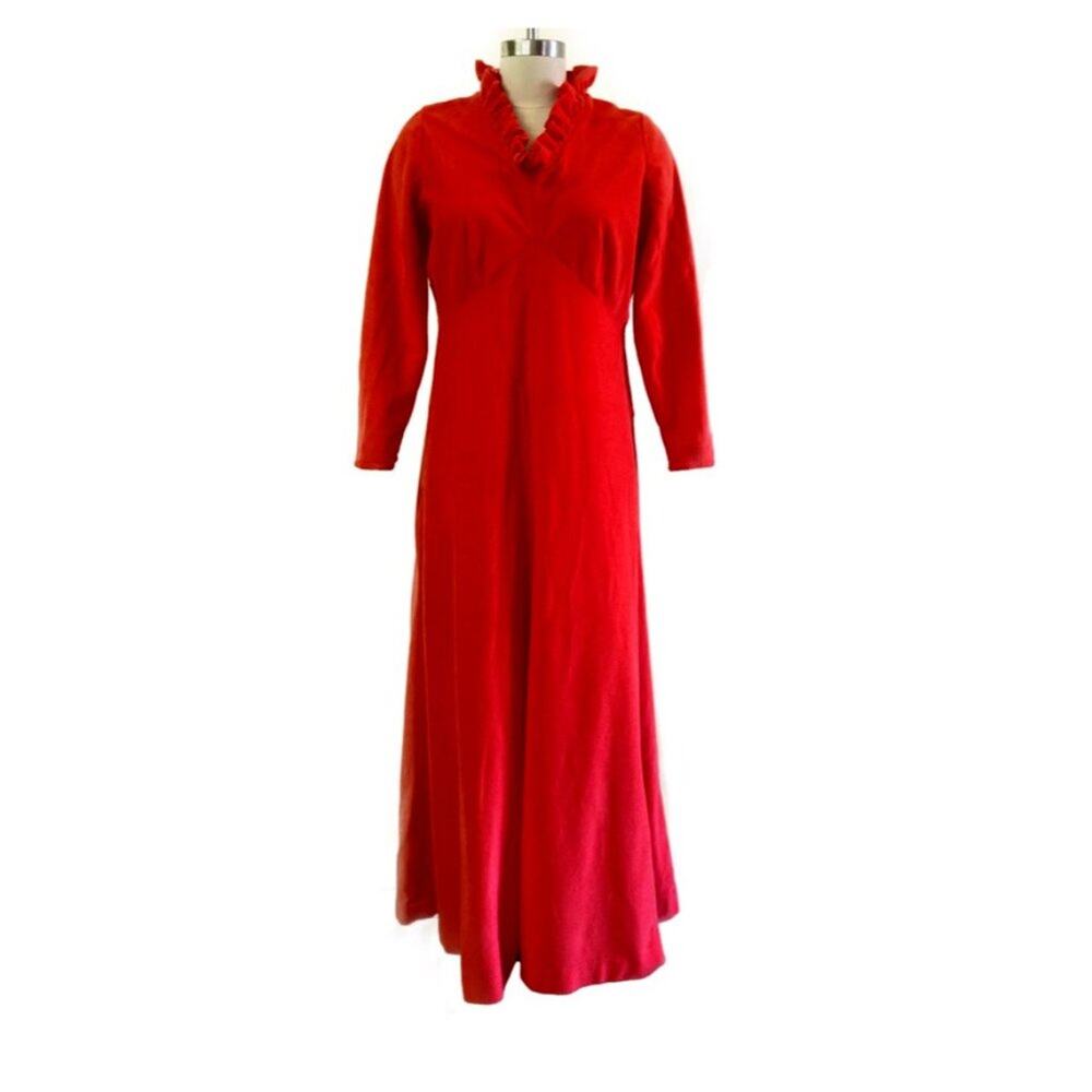 70s Orange Cozy House Dress with Ruffle V Neck